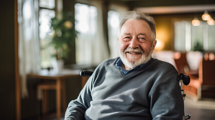 Portrait of a happy senior man sitting on wheelchair. Cheerful old man sitting on wheelchair. Disabled man in his wheelchair looking at camera.