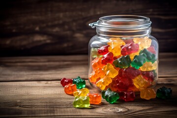 gummy bears open jar sweets. sugary soft group container caloric. generate ai