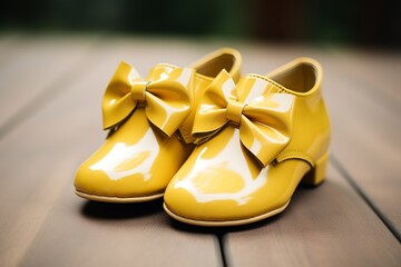 illustration of  kids shoes yellow bow oxford in the style of dansaek, Generative ai