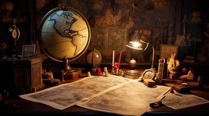 Geologist work desk. On his desk are: map case, geological hammer, compass, magnifying glass, drill core, rock samples, topographic and geological maps