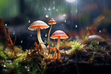 Illustration Of Morning Dew On Glowing Mushrooms, Generative Ai