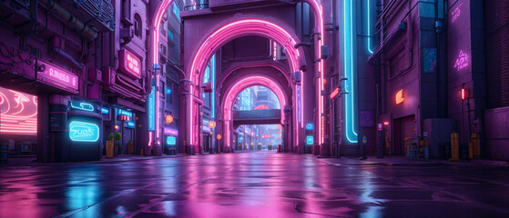 Wall Mural - Bright pink neon night in a cyberpunk city. Sci-fi illustration of the futuristic city. Empty street with glowing neon arch.