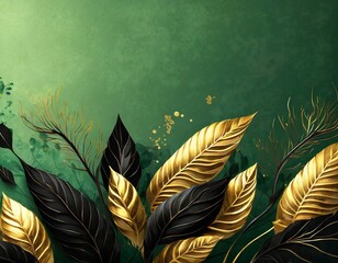 green autumn background illustration with golden leaves and blank copy space