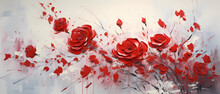 Spray On Wall Rose Red Drop Flow Down On Whшte Wall, Texture Painting With Oil Brush Stroke, Palette Knife Paint On Canvas