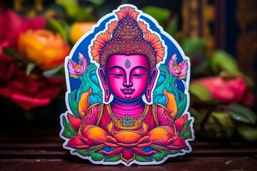 Wall Mural - illustration of vibrant color sticker of the buddha with buddhist, Generative ai