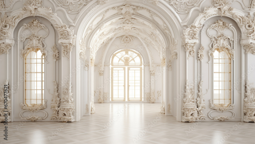 Luxurious royal interior, light walls decorated with stucco molding ...