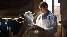 Farmer Holding Tablet And Verifying His Cows On His Cattle Farm.