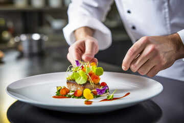 Close up healthy and delicious fish food on white plate at luxury restaurant. Chef making and decoration food of eatables flowers. Beautiful fish food on plate in michelin star restaurant