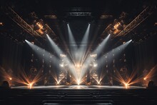 Illuminated Spotlights On A Concert Stage In A Dark Room.