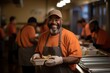 © volga - Smiling adult black man in orange uniform holding a tray of food in a cafeteria.