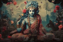 Illustration Of Vintage Style Poster Based Off Krishna Featuring, Generative Ai