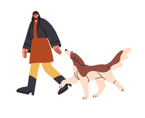 Wall Mural - Owner stroll her fluffy dog outdoor. Woman walk, training, teach doggy to commands. Professional canine service, pet sitter job. Domestic animal. Flat isolated vector illustration on white background