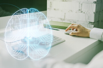 Wall Mural - double exposure of creative human brain microcircuit with hand typing on computer keyboard on backgr
