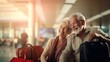 © OlgaChan - Senior couple of happy retired tourists, grandparents suitcases waiting with luggage on wheels at international airport or train station. Travel, vacation, journey, trip