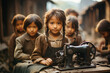 Child labour, children sewing clothes for textile and fashion industry, social issue