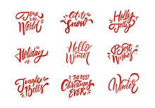 Merry Christmas Phrase Set. Red Color Sign Vector Art.