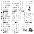 Set of doodles vector icon Summer, Healthy Lifestyle, Tree, Podcast, Baby, Adventure, Battery, Trash, Flower eps10