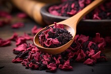 Wooden Spoon With Dry Hibiscus Tea Closeup. Medicine Color Organic Drink Natural. Generate Ai