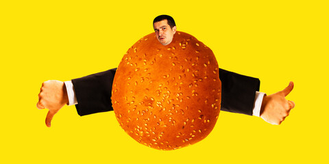 Wall Mural - Man in a suit picking out burger bun and showing gesture of like and dislike on yellow background. Contemporary art collage. Poster. Food concept