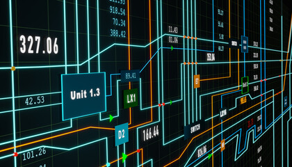 Node tree. Industry switch board with signal hazard lights. Digital, binary, blocks, switches and connection between lines. Control center concept. 3D illustration