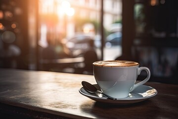 Wall Mural - Morning indulgence. Vintage cup of aromatic cappuccino on wooden table. Cafe comfort. Close up of fresh with frothy milk and espresso