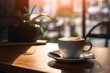 Wall Mural - Morning indulgence. Vintage cup of aromatic cappuccino on wooden table. Cafe comfort. Close up of fresh with frothy milk and espresso