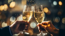 Celebrate With Champagne Capture The Festive Mood Of A Party With This Elegant Photo Of Two Hands Clinking Champagne Glasses Against A Sparkling Bokeh Background.