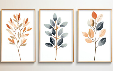 Botanical wall art , Golden foliage line art drawing with watercolor, frames 2:3 ,Abstract Plant Art design for wall framed prints.