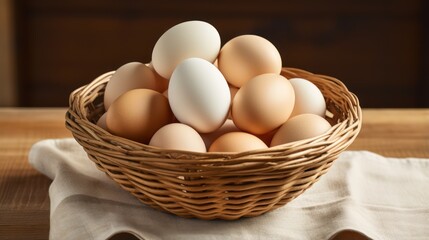 Wall Mural - Eggs in a basket on a wooden table. Close-up. Generative AI