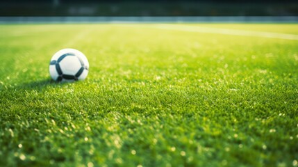  Soccer ball on the green grass field with bokeh background Generative AI
