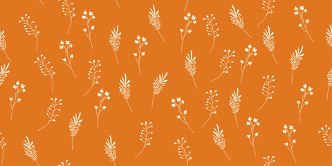 Aufkleber - Hand drawn floral pattern with orange background. Vector pattern with white branches and leaves. Stylish floral wallpaper for print.