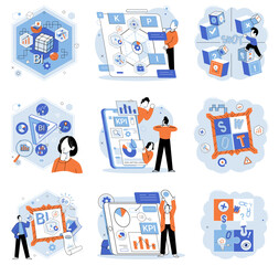 Wall Mural - Analysis tool. Business intelligence. Vector illustration Diagrams provide visual representation complex systems Statistics help in making data-driven decisions Financial analysis assesses Financial