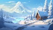 Ancient wooden house, cottage and animal dwellingplace in profound snow on mountain valley, spruce timberland, woody slopes on clear blue sky at dawn duplicate space foundation. Mountain