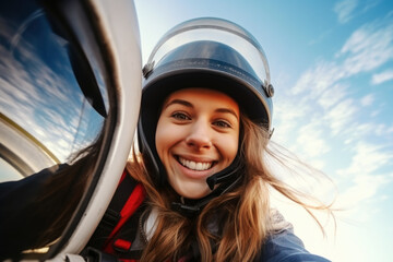 Female skydiver jumps from the aircraft. Extreme sport