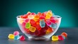 A expansive heap of multi-colored jam jelly candies in a glass bowl on a pink foundation. Assortment of scrumptious gummies. Diverse delightful gummy candies in glass bowl. Free space for