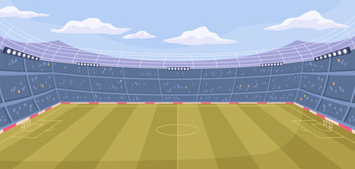 Big football or soccer stadium with big green field, vector illustration of empty sport tribunes with lights in flat cartoon style. Stadium for tournaments or championships, empty arena