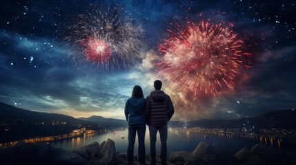 A couple watches fireworks over a cityscape on a magical night of love and celebration.Christmas or New Years celebrations,