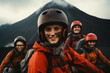 Group of young people volcano boarding, extreme sports