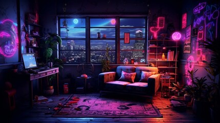 Wall Mural - Interior living room wall mockup with leather sofa and decor with neon lights. generative ai