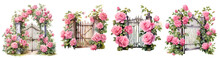 Garden Gate Fence With Pink Rose Watercolor Illustration Clipart. Generative AI.