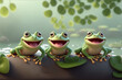 Adorable 3d rendered cute happy smiling and joyful baby group of three frogs kitten cartoon character