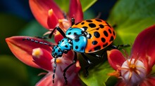 The Multi-colored Bug Sits On A Blossom