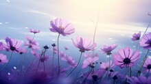 Wonderful Wild Blossoms Chamomile, Purple Wild Peas, Butterfly In Morning Fog In Nature Close-up Large Scale. Scene Wide Organize, Duplicate Space, Cool Blue Tones. Delightful Peaceful