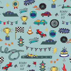 Racing cars vector doodle seamless pattern.