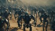 A futuristic military robot army marching in a desert landscape at sunrise, portraying a dystopian and apocalyptic scenario.
