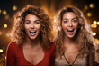 two blonde women are suprised on a luxury lightened background.