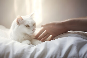 cat in a bed, cat cuddling in human bed, bedtime, fluffy cat, pet, cat lover, pets, sweet animal