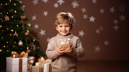 little cute boy holding gift box with ribbons on color background, child in knitted sweater, smiling happy kid, new year, christmas, eve, present, kindergarten, childhood, holiday, winter, toddler