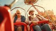 © OlgaChan - cheerful extreme pensioners, elderly man and woman, spend their leisure time in an amusement park on a roller coaster, laughing and screaming, Active retired