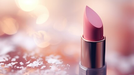 Canvas Print - A pink lipstick is sitting on top of a snowy background, AI